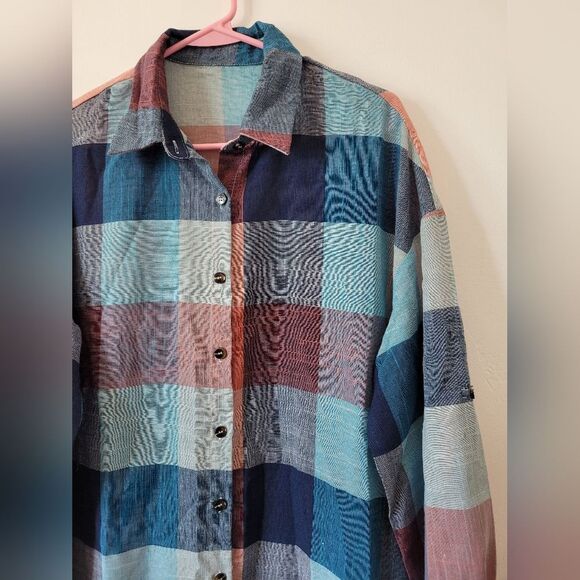 Plaid Shirtdress Red Blue Checkered Lightweight Boho Hippie Teacher Artsy Small - Picture 4 of 12